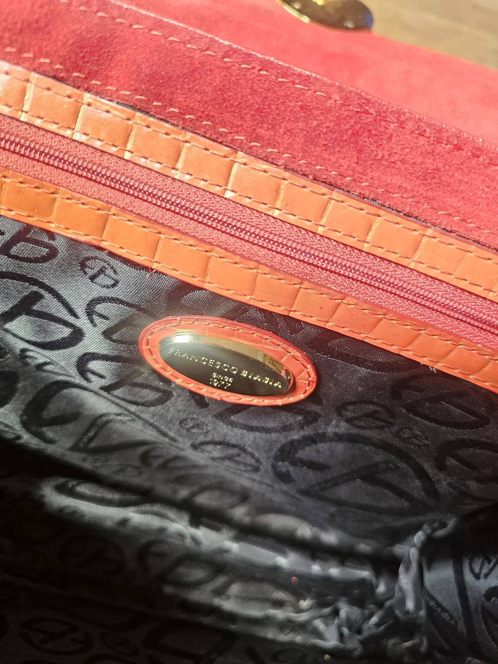 Francesco Biasia Italian Leather Croc Embossed Coral Orange Satchel Handbag Gold